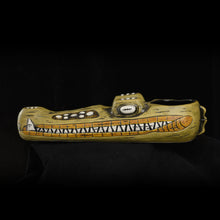 Load image into Gallery viewer, Terrible Tiki Crocodile Mug, Green with Yellow wipe away, Hand Weathered