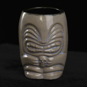 Little Headhunter Tiki Shot Glass, Gloss Grey With Blue Flow with Black Interior