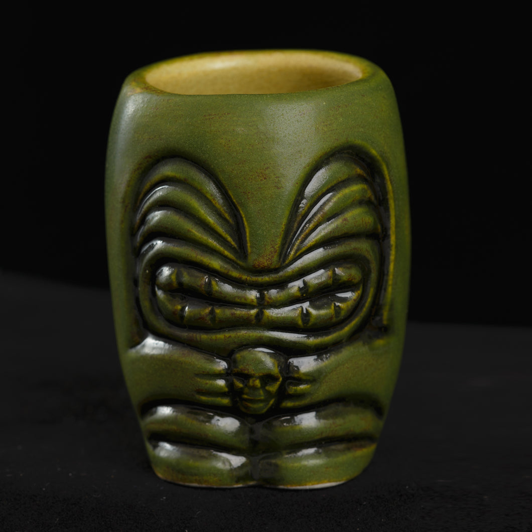 Little Headhunter Tiki Shot Glass, Matte Pine Green Wipe Away with Yellow Interior