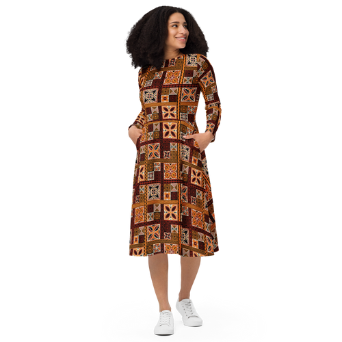 Tiki Squares long sleeve midi dress