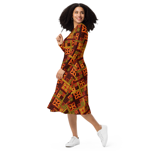 Fiery Tiki Squares long sleeve midi dress