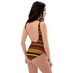 Warm toned Tiki Striped Pattern One-Piece Swimsuit