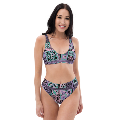 Purple Tiki Squares high-waisted bikini