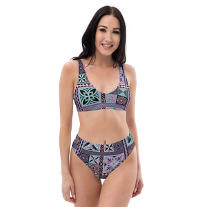 Purple Tiki Squares high-waisted bikini