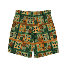 Load image into Gallery viewer, Green Tiki Squares Swim Trunks