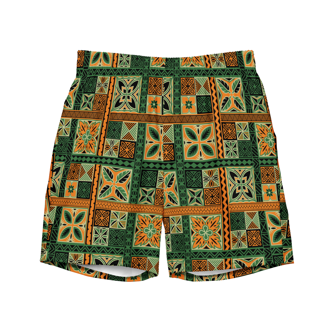 Green Tiki Squares Swim Trunks