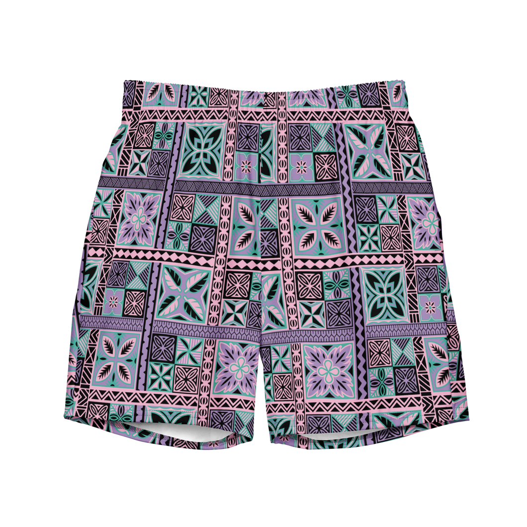 Purple Tiki Squares Swim Trunks