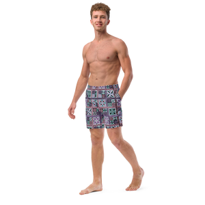 Purple Tiki Squares Swim Trunks