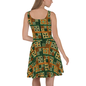 Green Tiki Squares Skater Dress