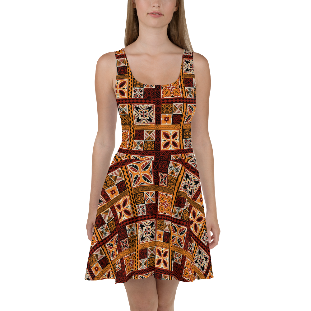 Brown Tiki Squares Skater Dress