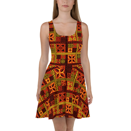 Fiery Tiki Squares Skater Dress