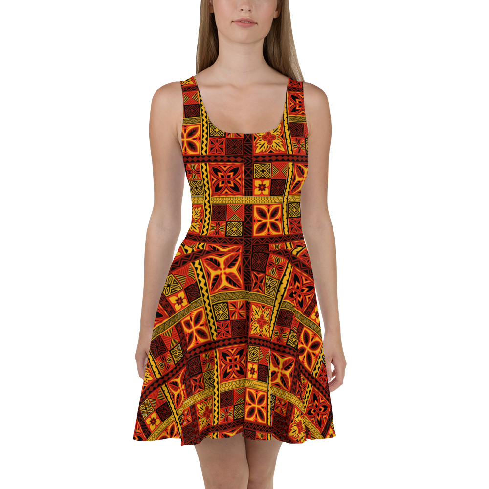 Fiery Tiki Squares Skater Dress