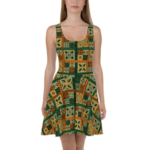 Green Tiki Squares Skater Dress