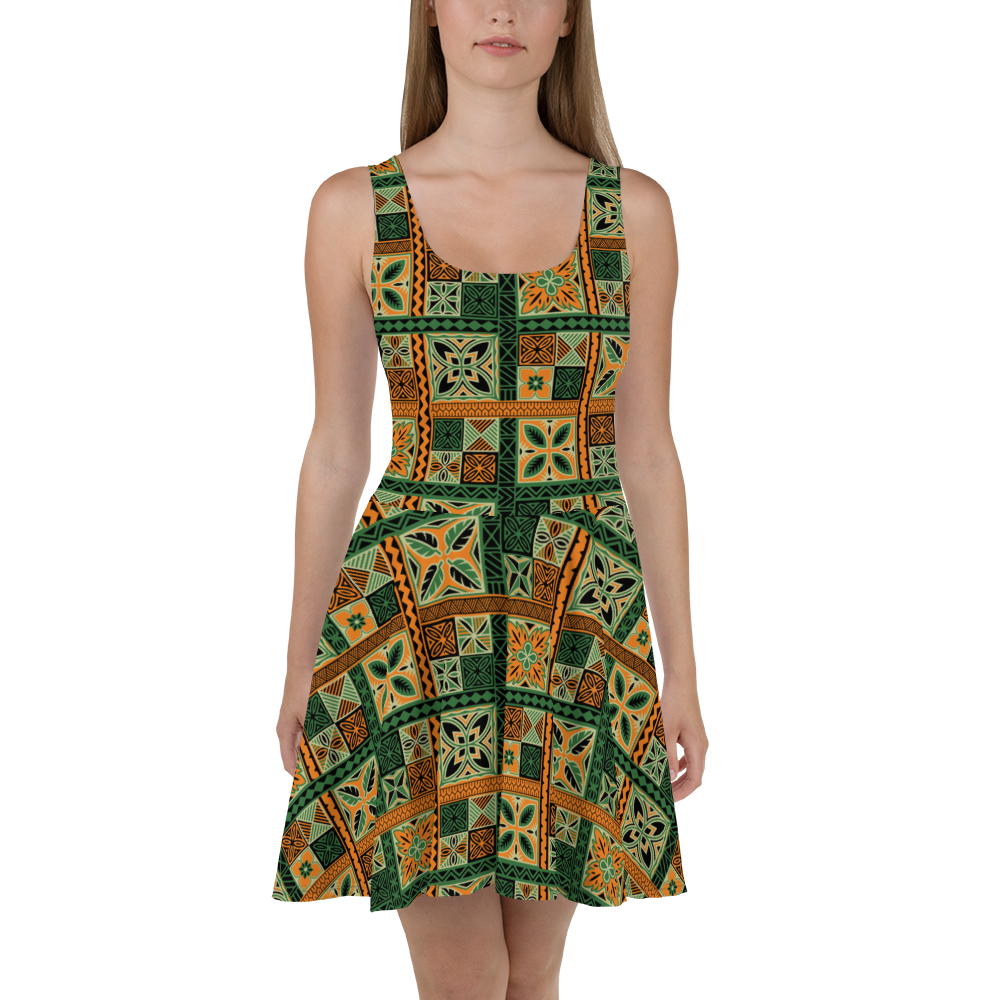 Green Tiki Squares Skater Dress