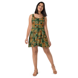 Green Tiki Squares Skater Dress