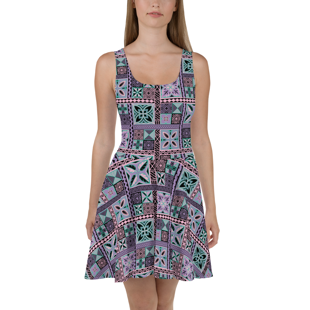 Purple Tiki Squares Skater Dress