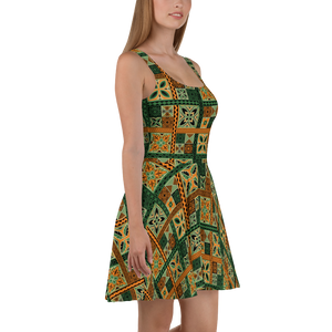 Green Tiki Squares Skater Dress