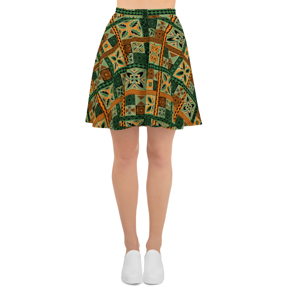 Green Tiki Squares Skater Skirt