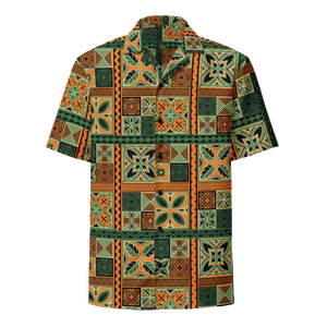 Green Tiki Squares Unisex button shirt