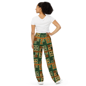 Green Tiki Squares wide-leg pants