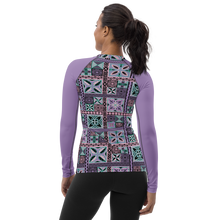 Load image into Gallery viewer, Purple Tiki Squares Women&#39;s Rash Guard