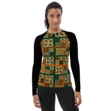 Load image into Gallery viewer, Green Tiki Squares Women&#39;s Rash Guard