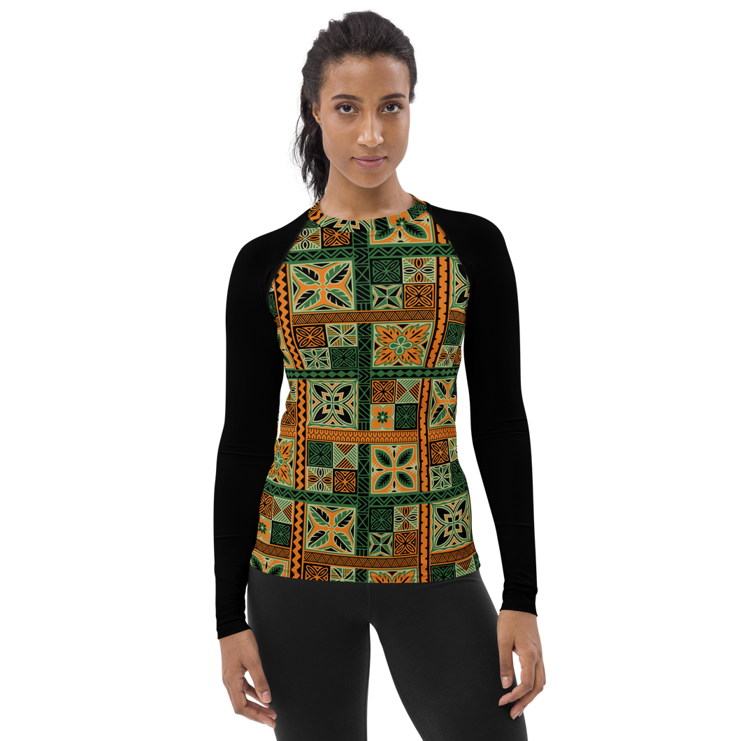 Green Tiki Squares Women's Rash Guard