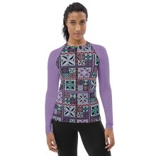 Load image into Gallery viewer, Purple Tiki Squares Women&#39;s Rash Guard