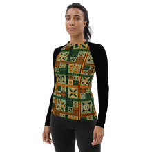 Load image into Gallery viewer, Green Tiki Squares Women&#39;s Rash Guard