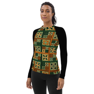 Green Tiki Squares Women's Rash Guard