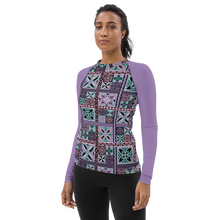 Load image into Gallery viewer, Purple Tiki Squares Women&#39;s Rash Guard