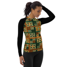 Load image into Gallery viewer, Green Tiki Squares Women&#39;s Rash Guard