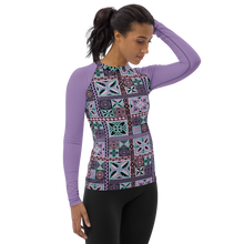 Load image into Gallery viewer, Purple Tiki Squares Women&#39;s Rash Guard