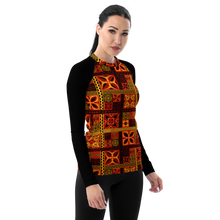 Load image into Gallery viewer, Fiery tiki Squares Women&#39;s Rash Guard