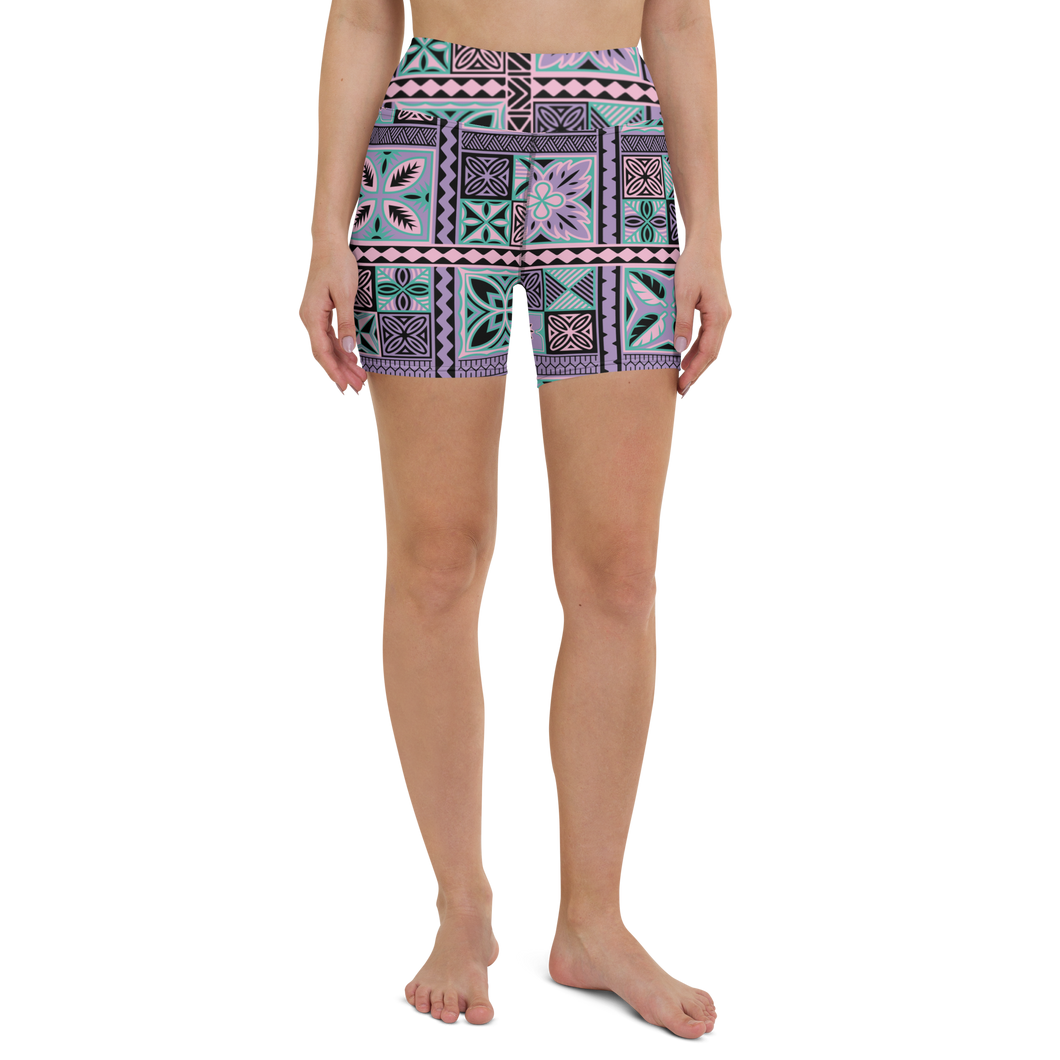 Purple Tiki Squares Yoga Shorts