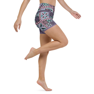 Purple Tiki Squares Yoga Shorts