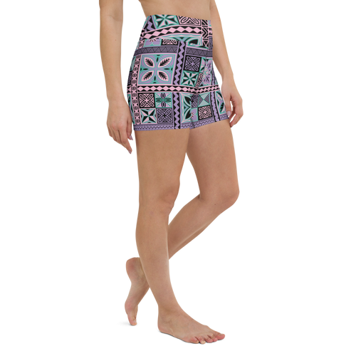 Purple Tiki Squares Yoga Shorts