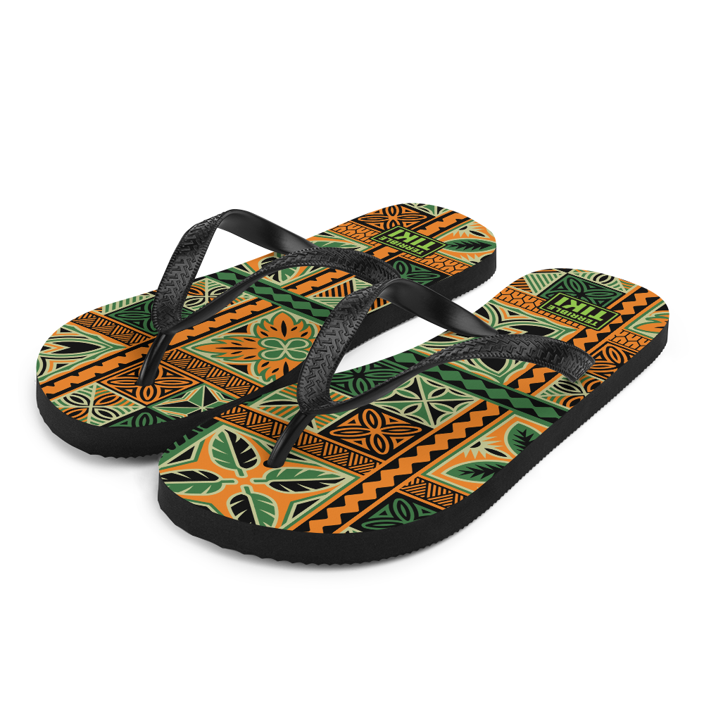 Green Tiki Squares Flip-Flops