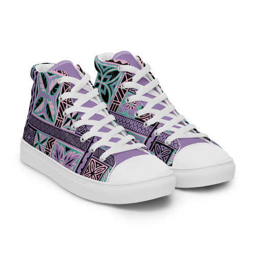 Purple Tiki Squares  Women’s high top canvas shoes