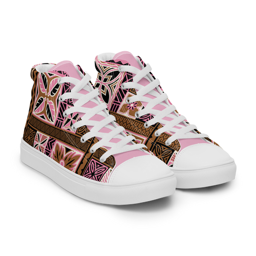 Pink Tiki Squares Women’s high top canvas shoes