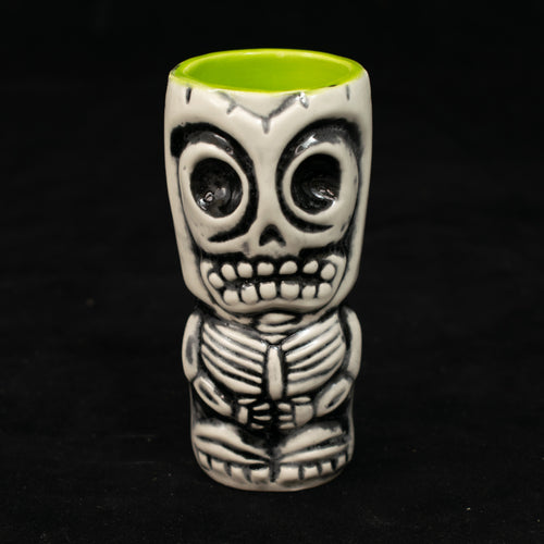 Skeletal Tiki Shot Glass, Satin White Wipe Away with Lime Green interior