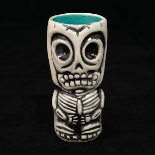 Skeletal Tiki Shot Glass, Satin White Wipe Away with Teal interior