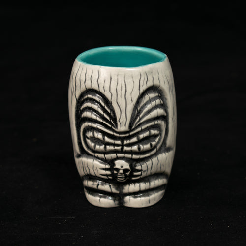 Little Headhunter Tiki Shot Glass, Satin White Wipe Away with Teal Interior