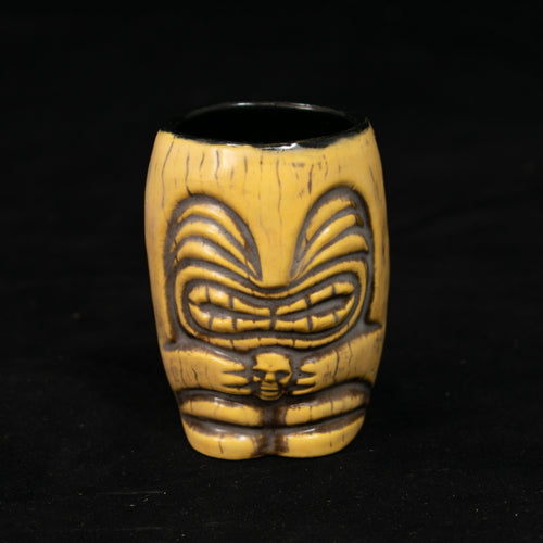 Little Headhunter Tiki Shot Glass, Satin Yellow with Brown Wipe Away with Black Interior