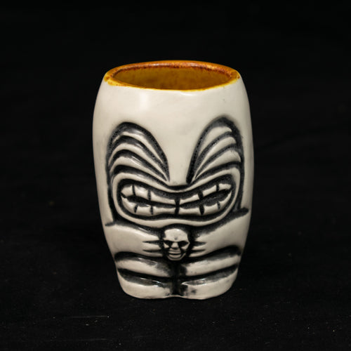 Little Headhunter Tiki Shot Glass, Satin White Wipe Away with Rusty Yellow Interior