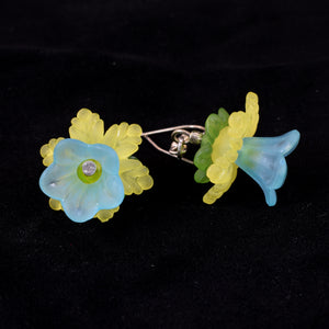 Bright Hanging Flower Earrings, Teal and Yellow