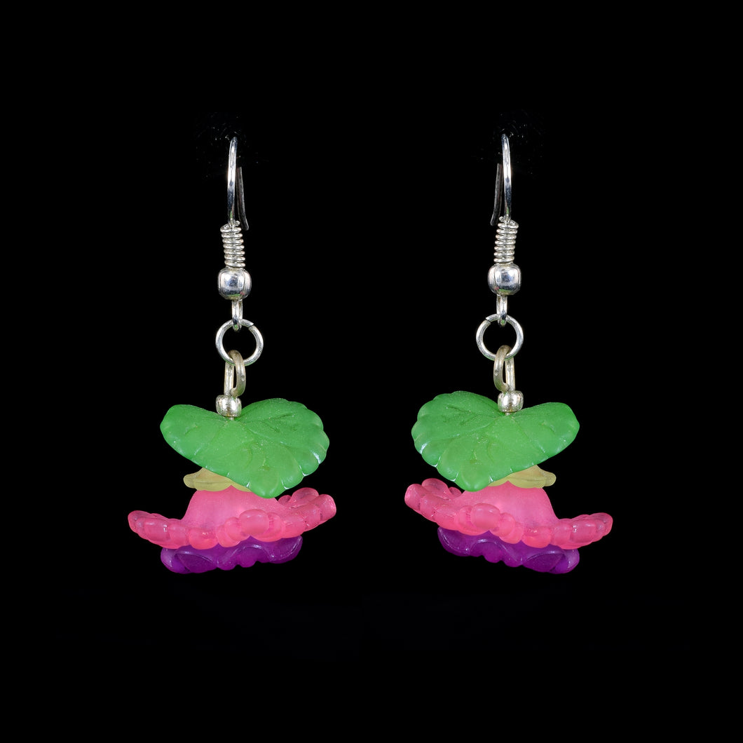 Frilly Hanging Flower Earring, Pink and Purple