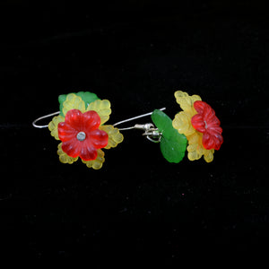 Hanging Frilly Flower Earring, Yellow and Red