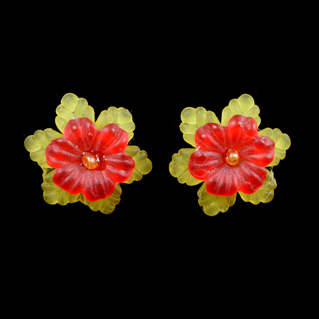 Frilly Flower Earrings, Red on Yellow