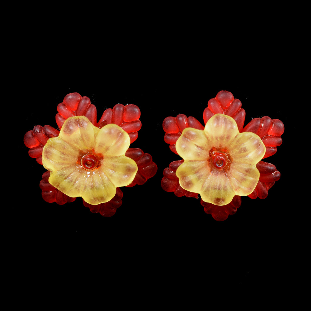 Frilly Flower Earrings, Yellow on Red